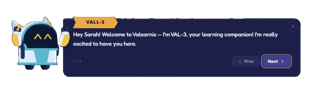 VAL-3 companion welcome dialogue